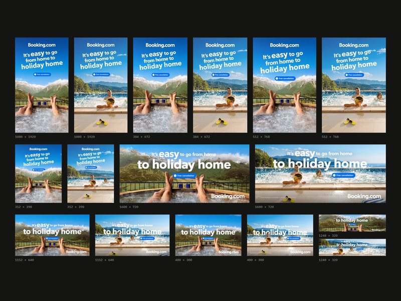 Booking.com “It’s easy to go from home to holiday home” DOOH campaign: two creatives, a family in an infinity pool and feet up in a mountain hot tub, shown across eight screen sizes from 1080 × 1920 portrait to 1248 × 320 banners