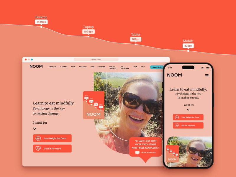 NOOM responsive landing page shown in a desktop browser and on a mobile phone, with breakpoints from 1440px desktop down to 375px mobile