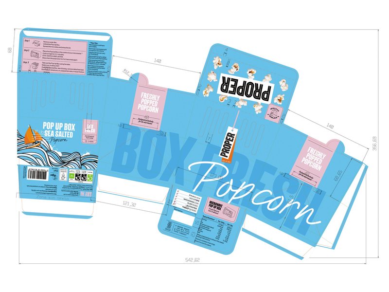PROPER Pop Up Box sea salted popcorn packaging dieline with measurements, fold lines, cooking instructions and nutrition panel