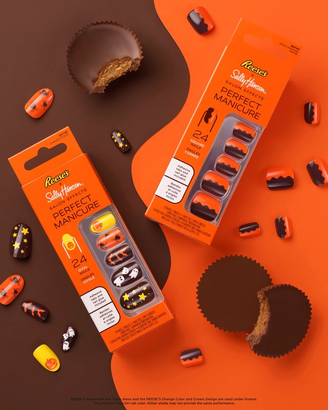 Sally Hansen × Reese’s Salon Effects press-on nail packs with Halloween nail designs and peanut butter cups on a split orange and brown background